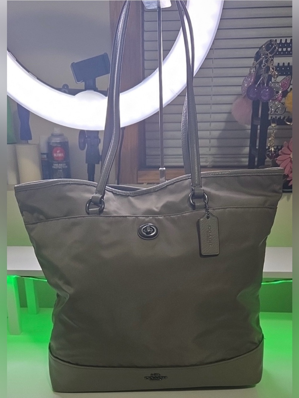 Coach Olive Nylon Tote with Leather Trim